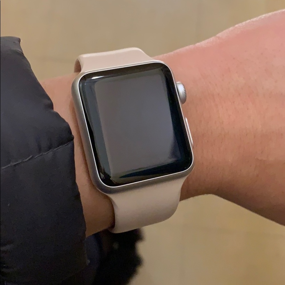 Silver Aluminum Apple Watch with light pink band